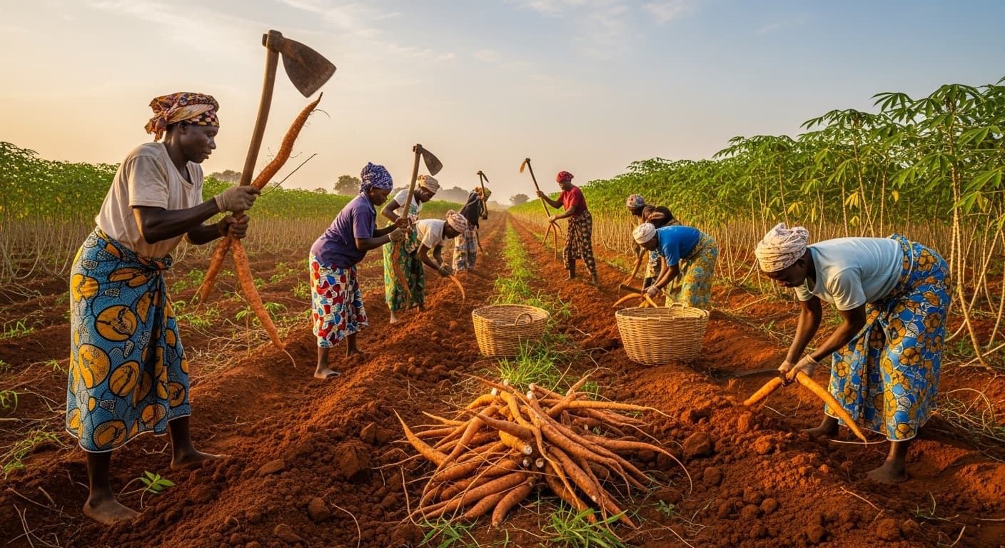 नाइजीरिया में कैसावा की कटाई कर रहे किसान (AI-जनित छवि)।