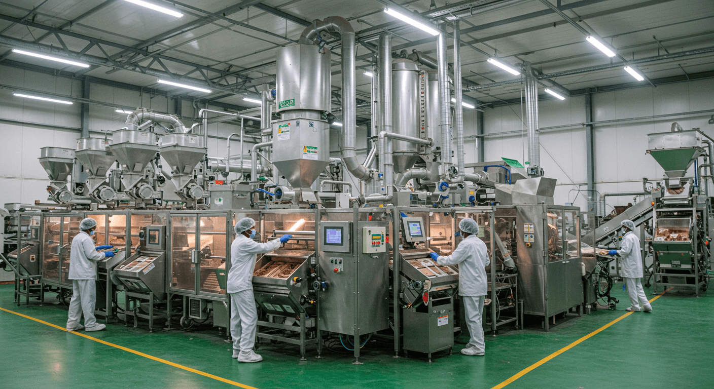 Linha de produção de pó de cacau de alta tecnologia na Nigéria (imagem gerada por IA).