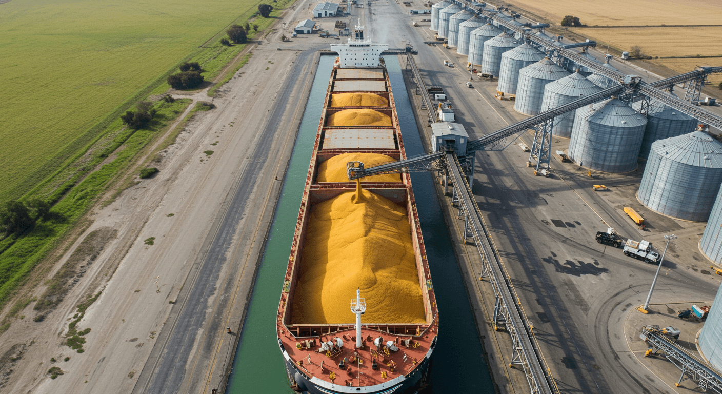 अर्जेंटीना में बड़े पैमाने पर मक्का के दानों को एक बल्क जहाज में लोड करना (कृत्रिम बुद्धिमत्ता द्वारा उत्पन्न छवि)