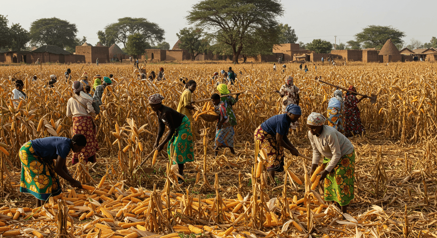 माली में मकई की कटाई (कृत्रिम बुद्धिमत्ता द्वारा उत्पन्न छवि)
