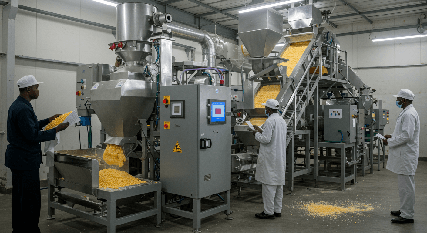 Une ligne de production d'amidon de maïs contrôlée par une IA au Nigeria (image générée par IA).
