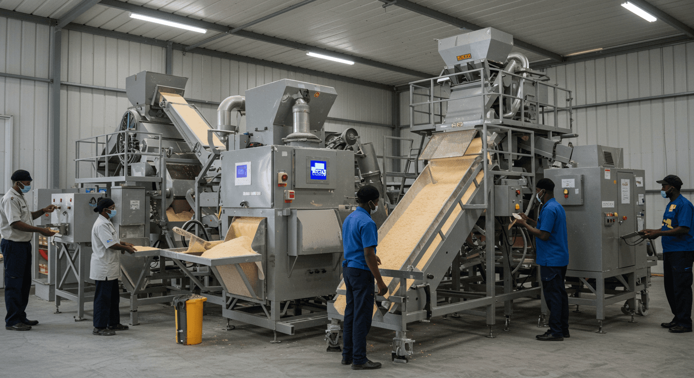 Una línea de producción de almidón de maíz controlada por IA en Nigeria (imagen generada por IA).