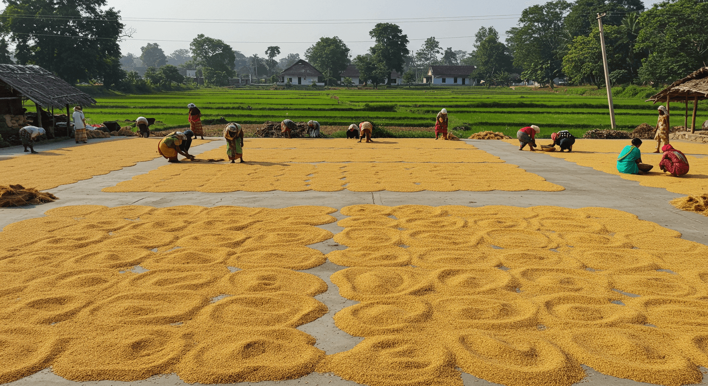Agricultores secando arroz paddy en India (imagen generada por IA).