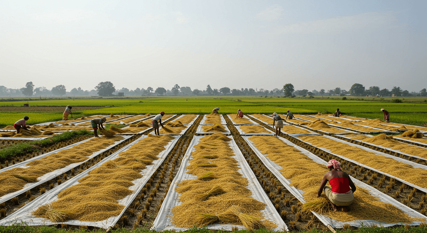 Agriculteurs en train de sécher du riz paddy en Inde (image générée par IA).