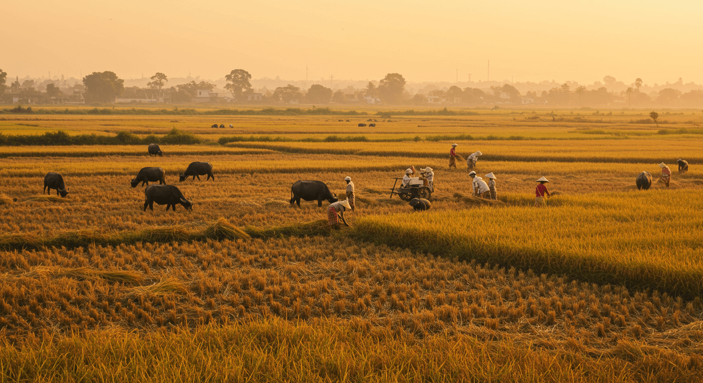 भारत में चावल की कटाई (AI द्वारा उत्पन्न छवि)।