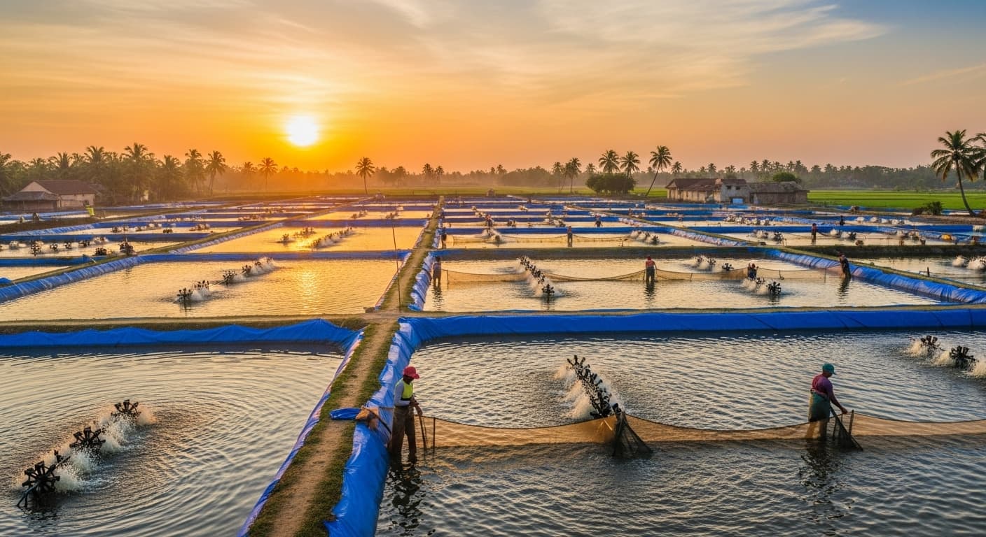 Shrimp farming in India (AI-generated image).