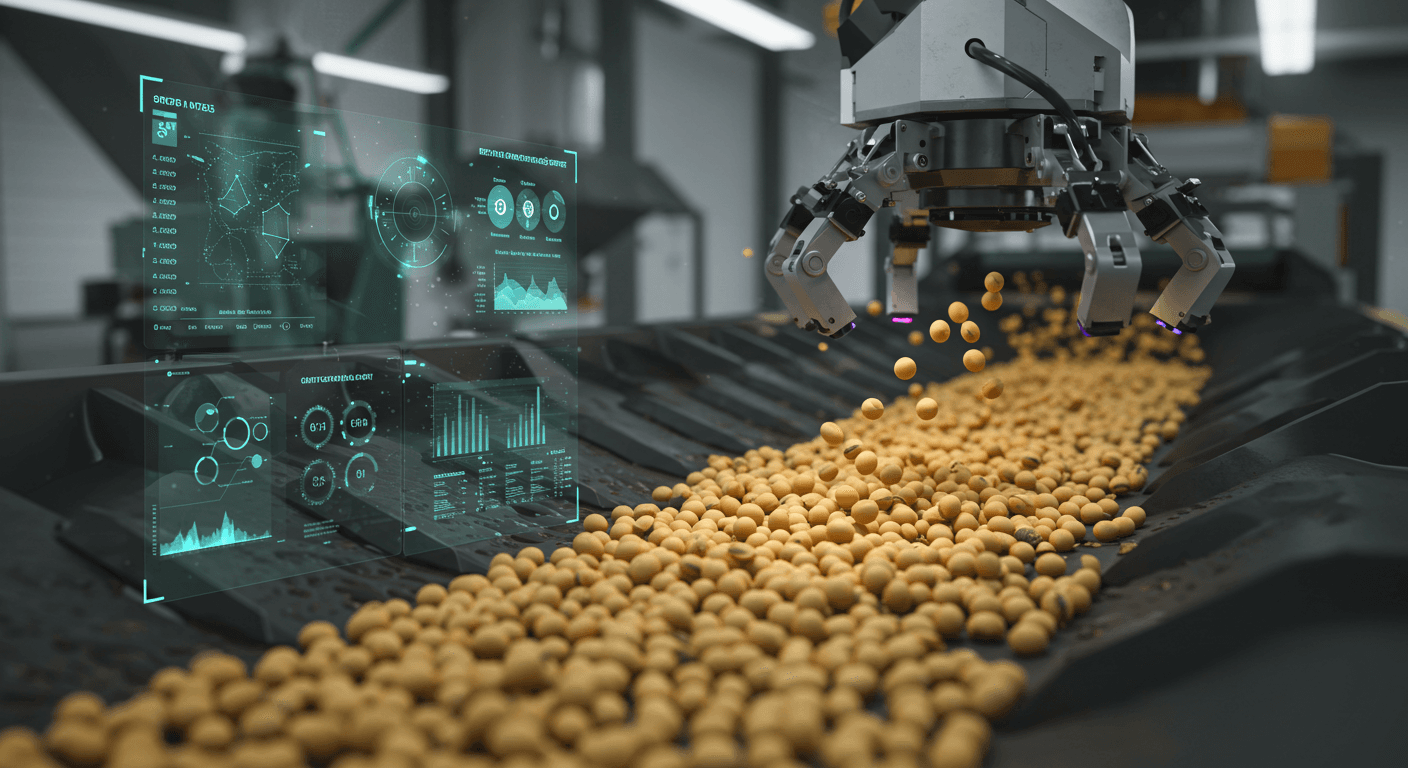 Soybean grain sorting controlled by AI (AI-generated image).