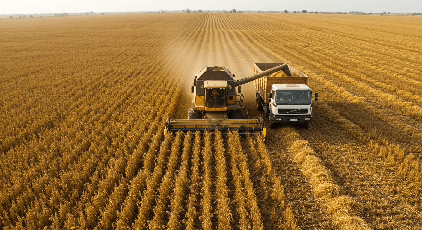 A soybean combine harvester and a truck receiving harvested soybeans in a field of ripe soybeans in Togo (AI-generated image).