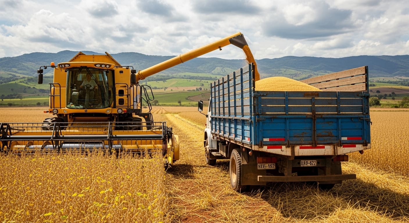 Une moissonneuse-batteuse pour soja déverse des grains de soja dans un camion en Colombie (image générée par IA).