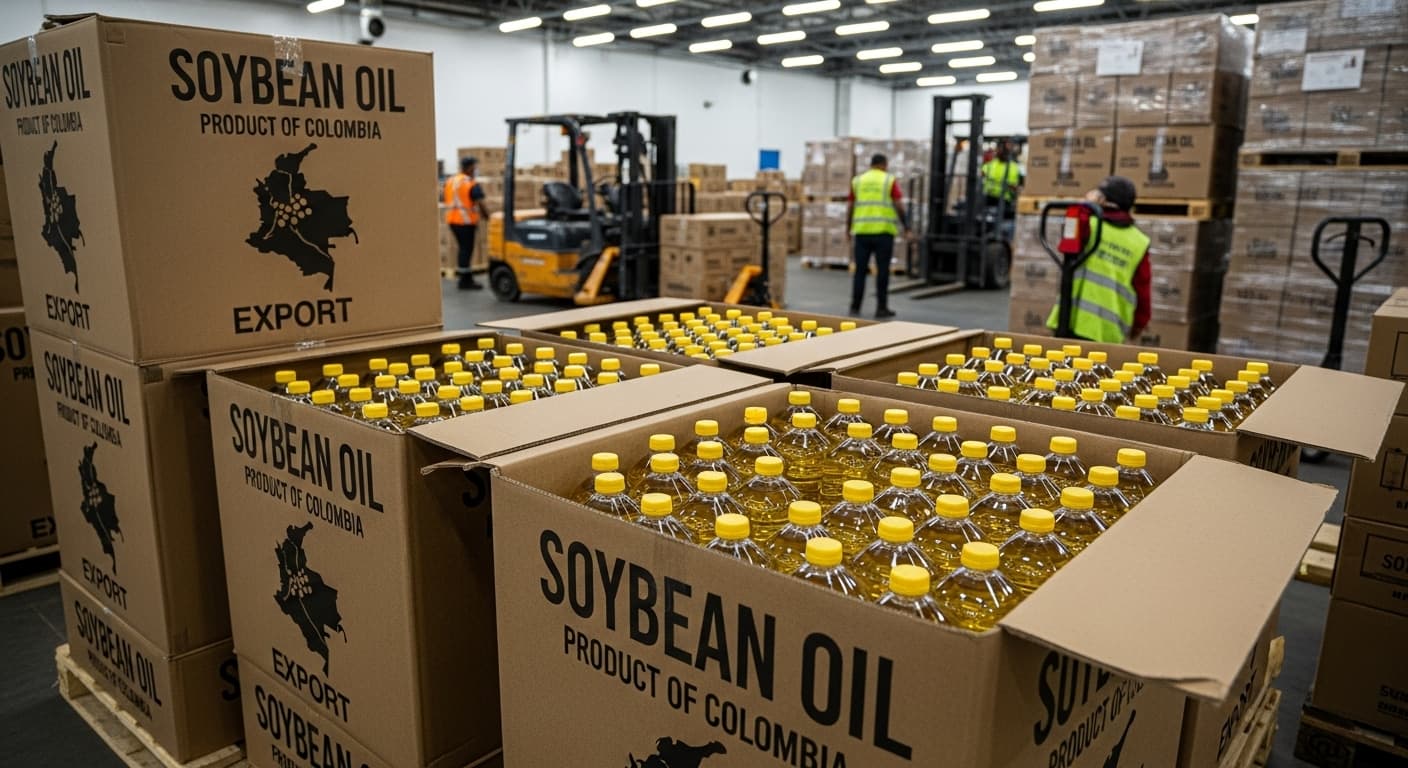 Cartons of soybean oil bottles ready for export from Colombia (AI-generated image).