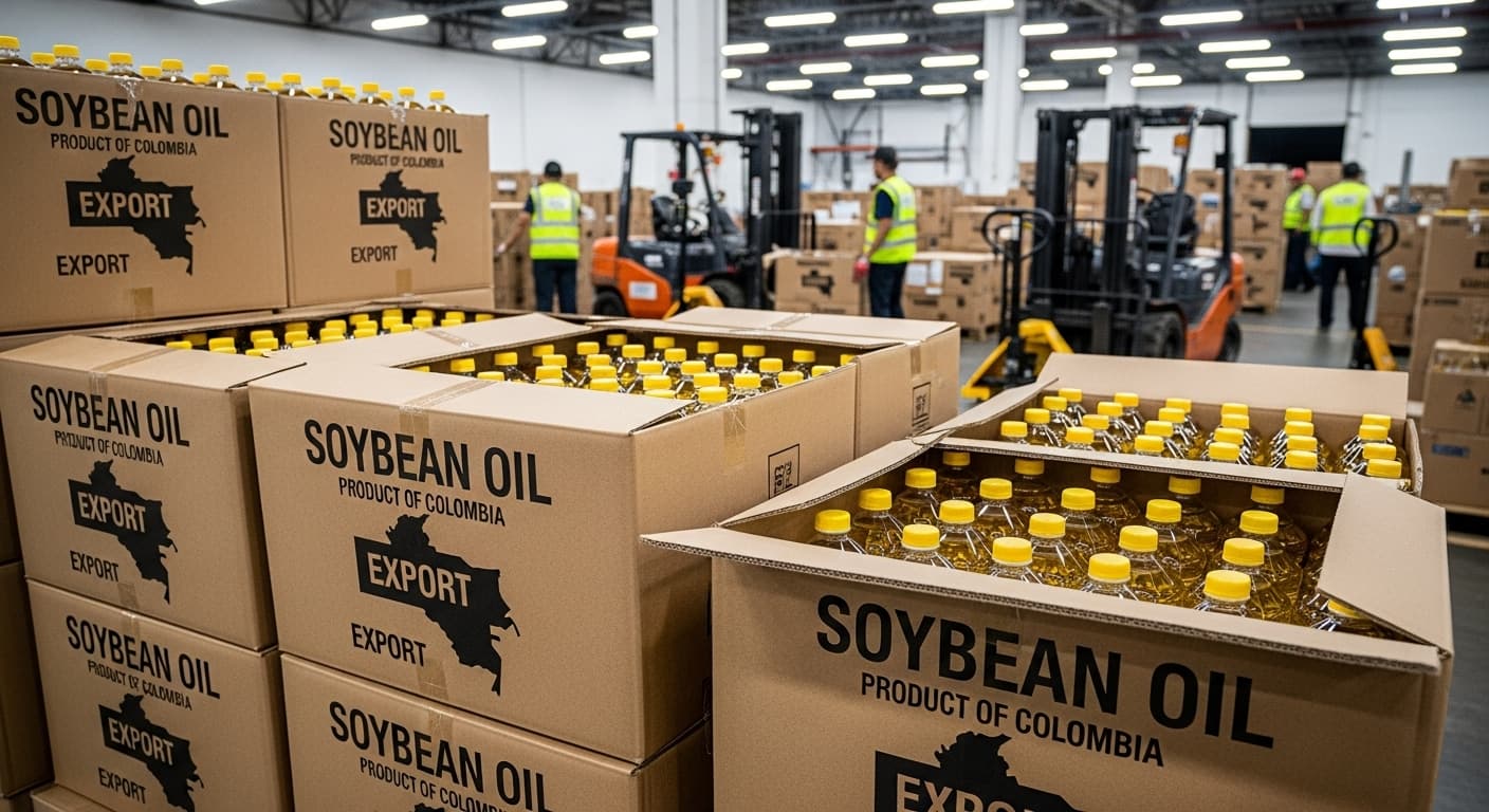 Cartons de bouteilles d'huile de soja prêts à l'exportation depuis la Colombie (image générée par IA).