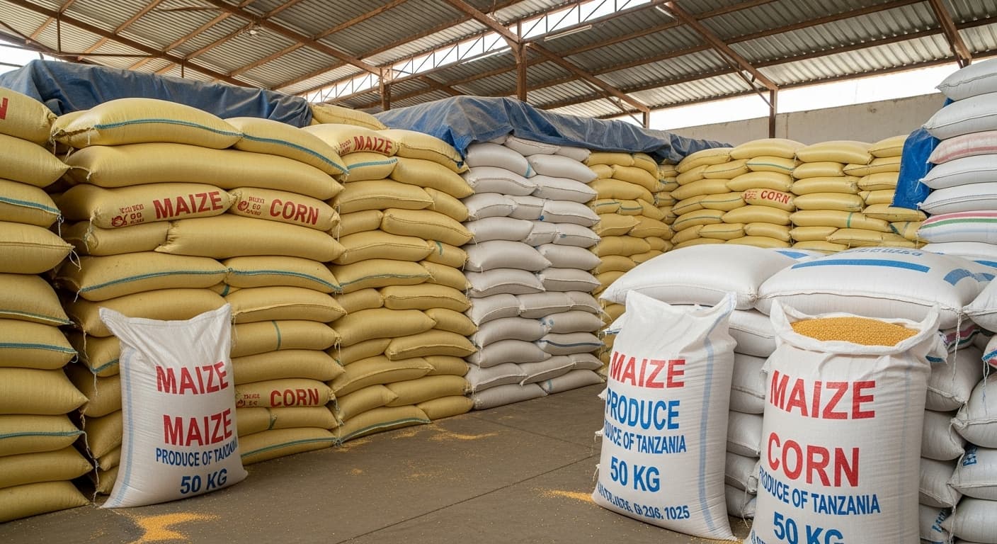 Bags of maize are stored inside a warehouse in Tanzania (AI-generated image).