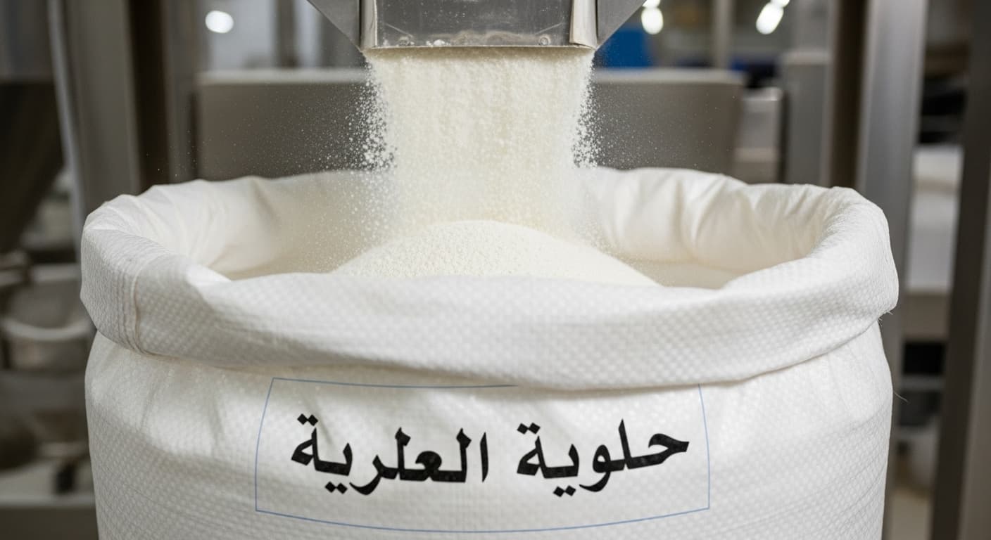 Maniokstärke, die in einen 50-kg-Sack fällt (KI-generiertes Bild).