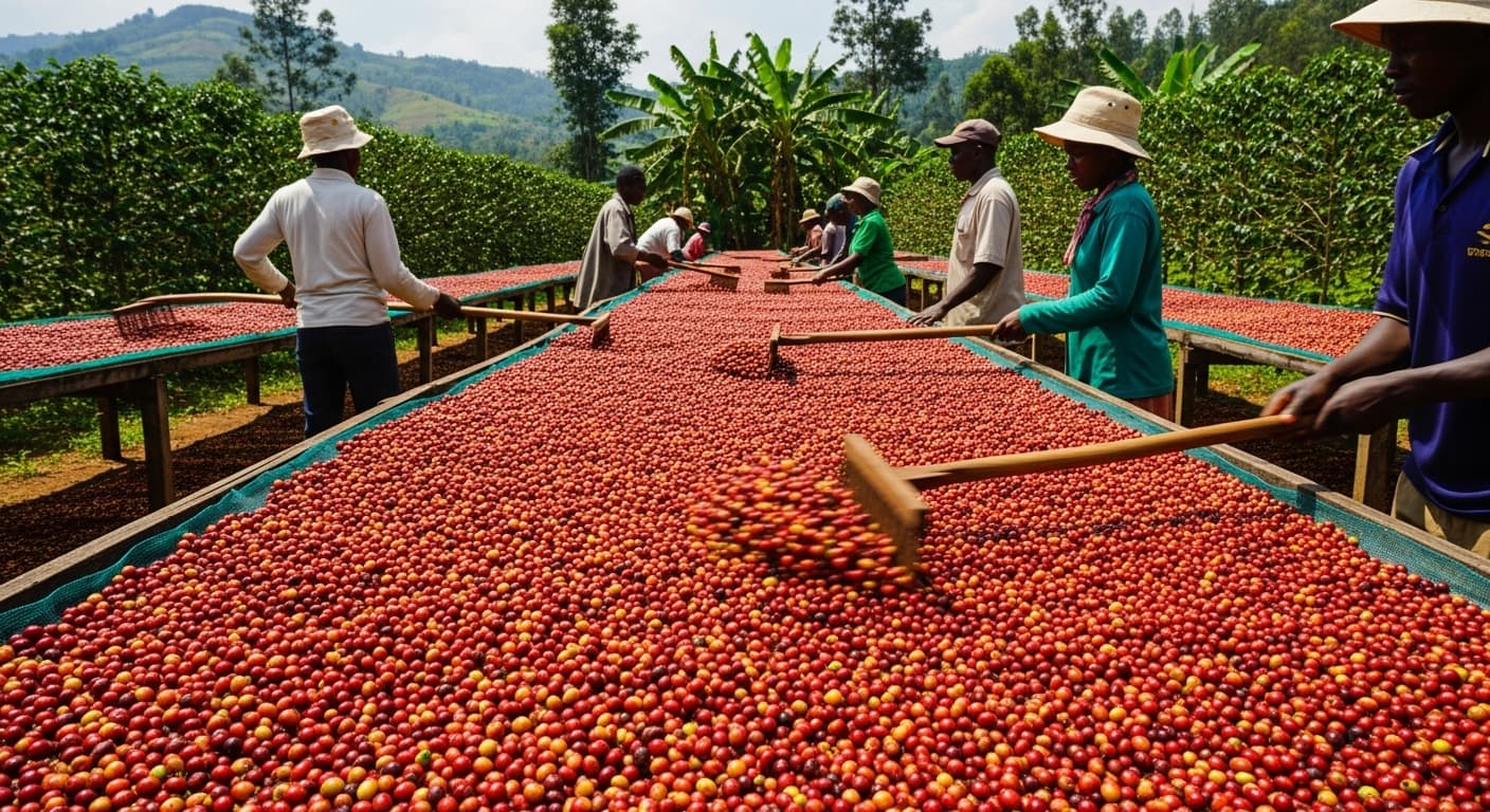 Espace extérieur de séchage du café avec des cerises et des grains de café en Ouganda (image générée par IA)