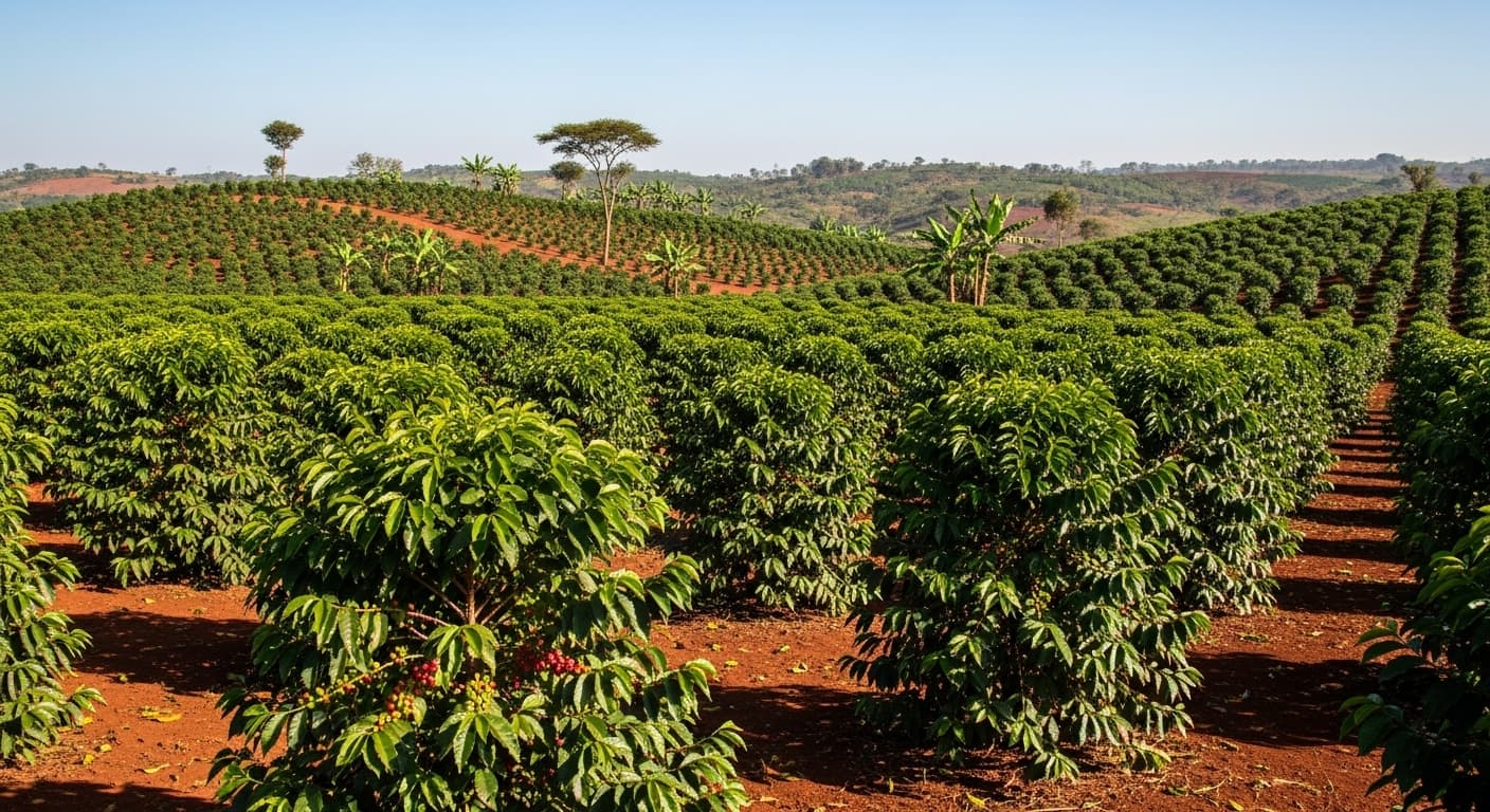 Campo de café en Uganda (imagen generada por IA)