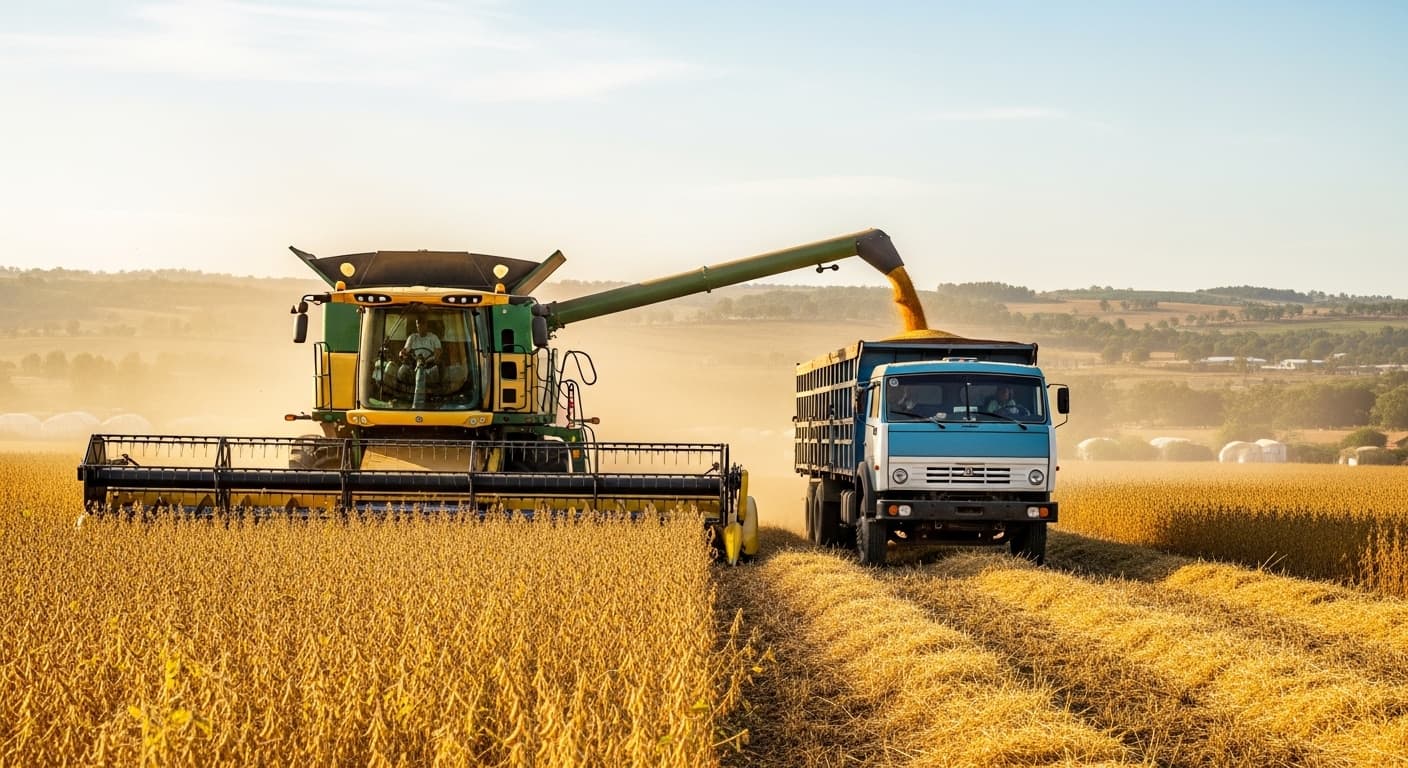 A combine harvester loading soybean grains onto a truck in Nigeria (AI-generated image)