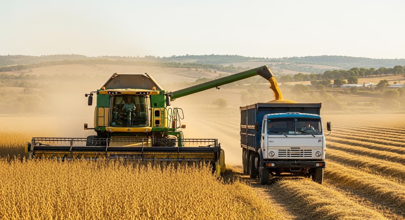 Una cosechadora cargando granos de soja en un camión en Nigeria (imagen generada por IA)