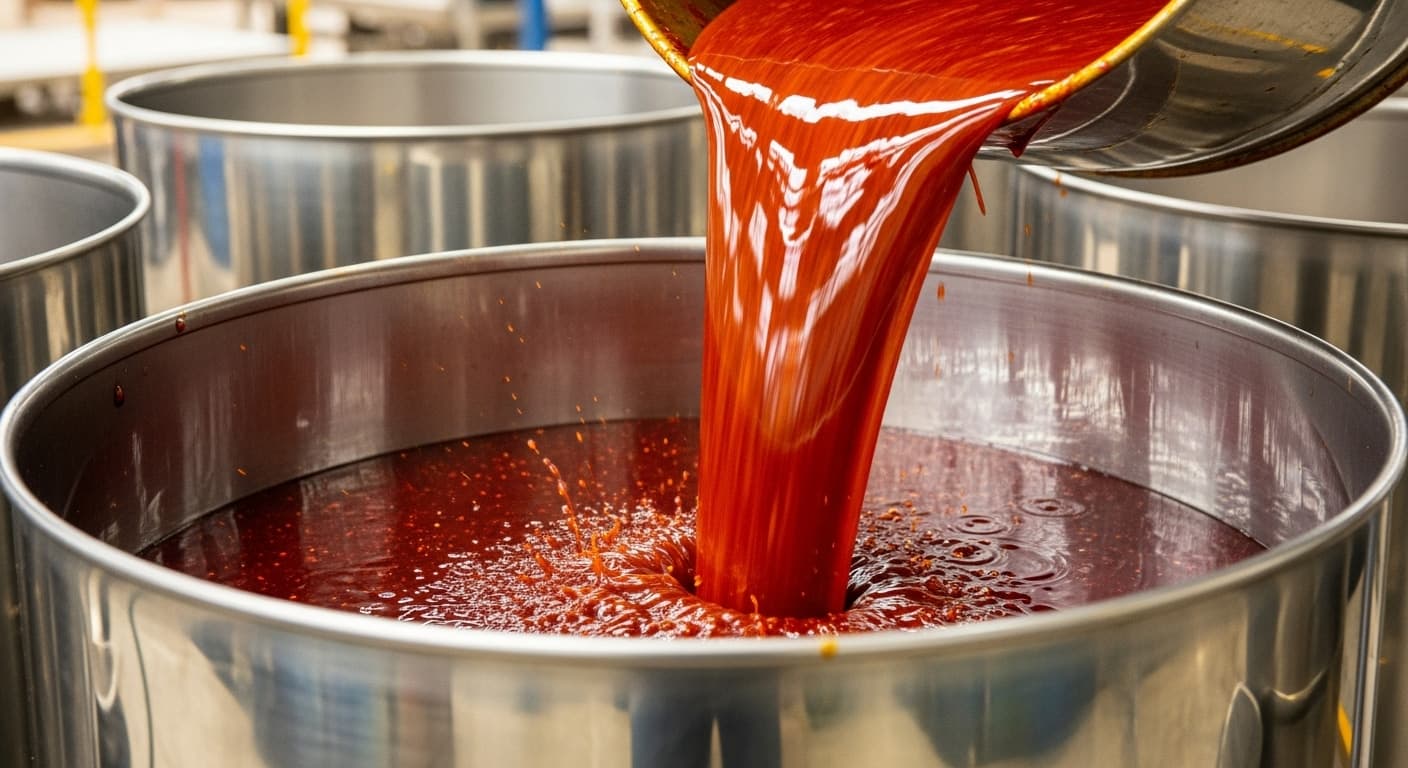 Crude palm oil is flowing into a large stainless-steel drum (AI-generated image).