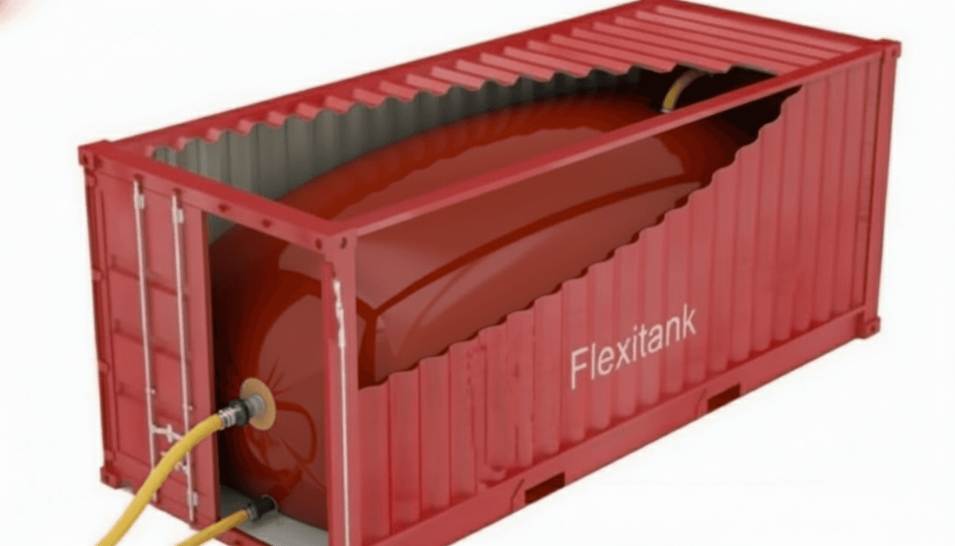 Crude palm oil in a 24,000-L flexitank (AI-generated image).