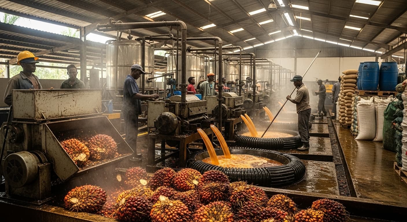 Une ligne de production d'huile de palme brute en Côte d'Ivoire (image générée par IA).