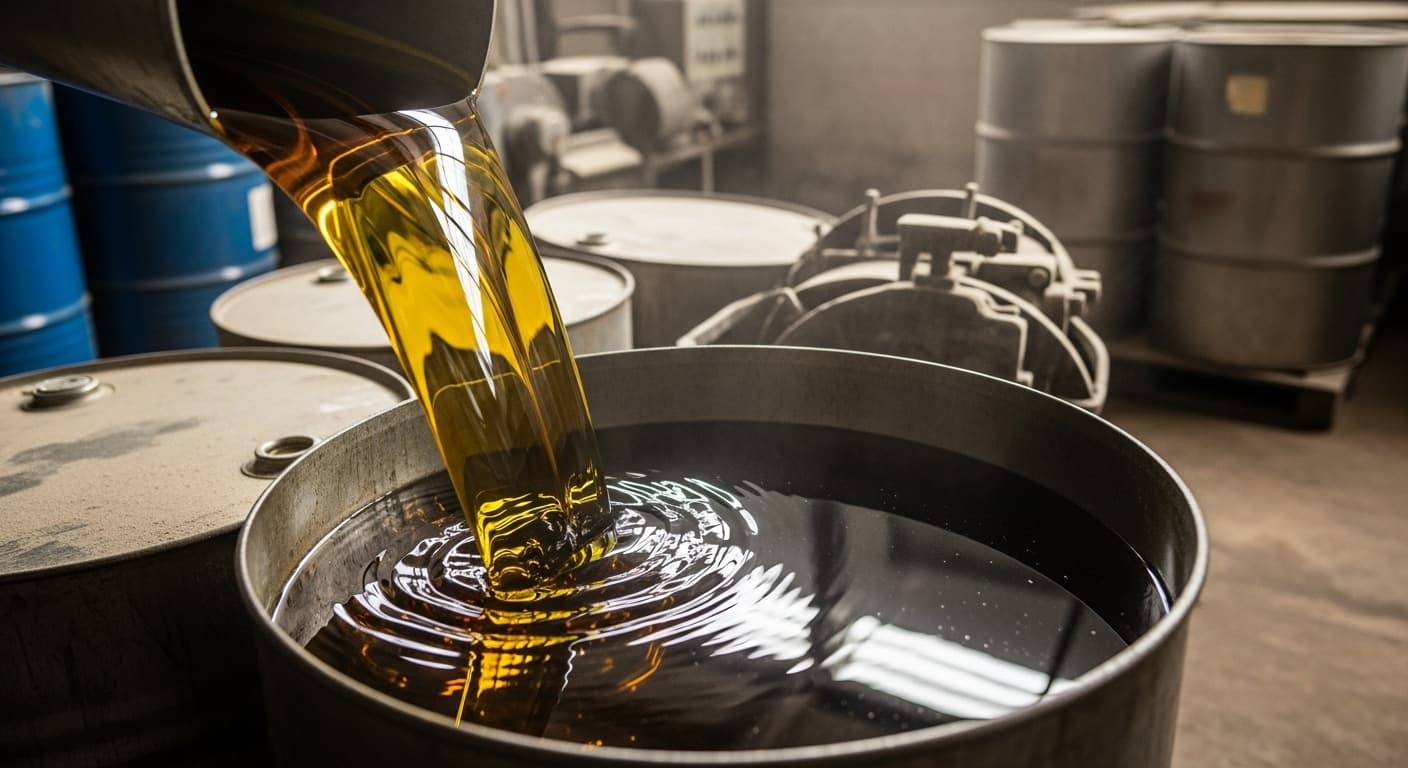 粗大豆油がドラム缶に注がれている（AI生成画像）