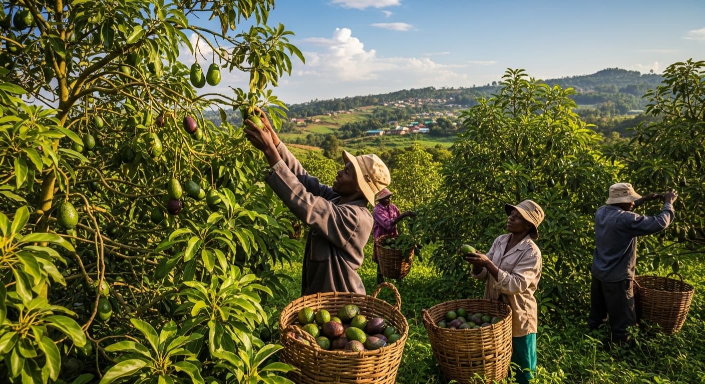 Des agriculteurs récoltent des avocats au Kenya (image générée par l'IA).