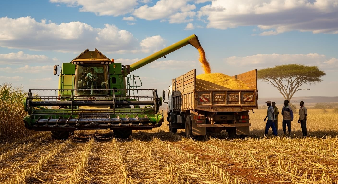 A combine harvester is unloading maize into a truck in Tanzania (AI-generated image).