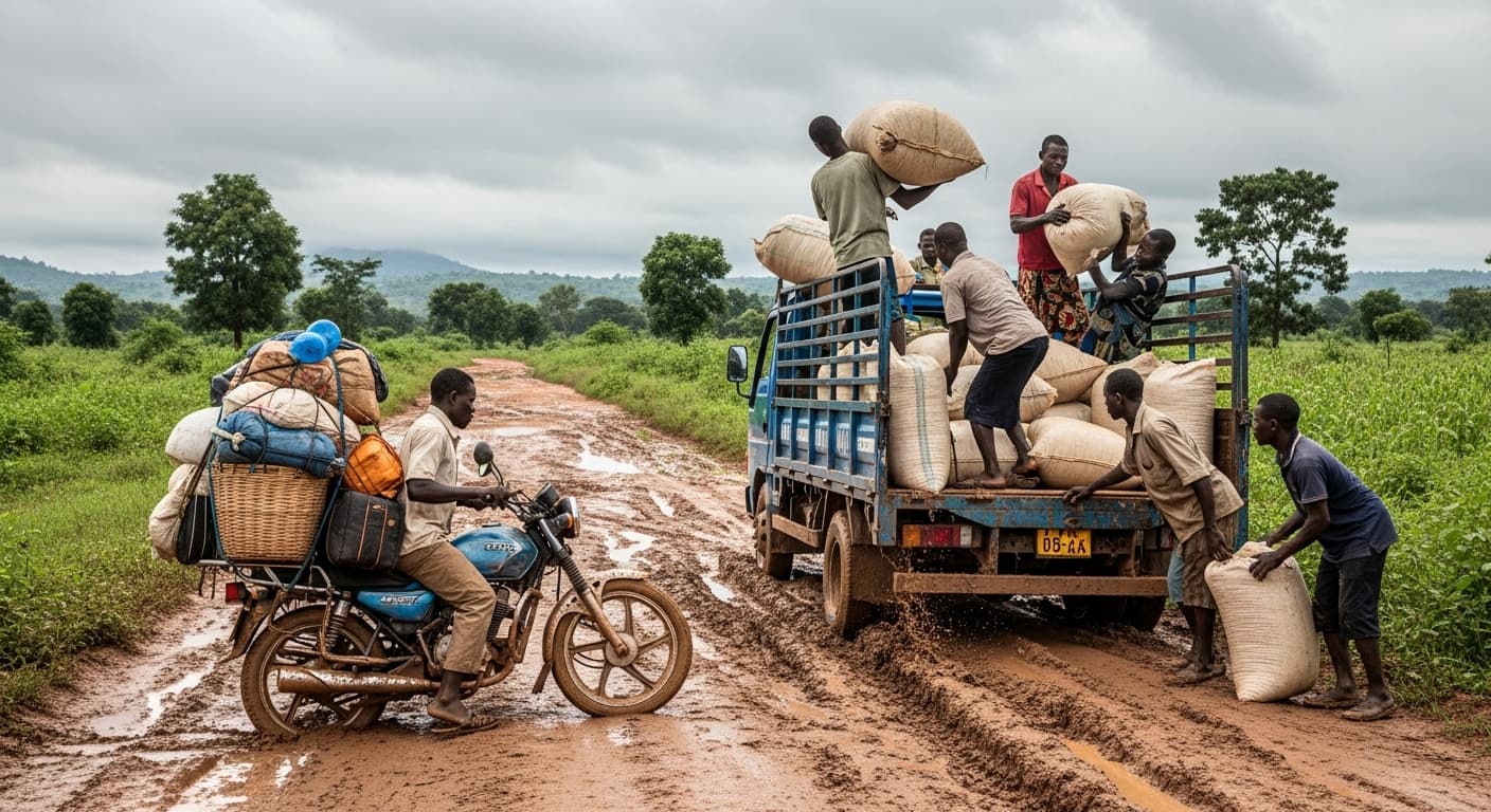 Une moto surchargée et un petit camion sont coincés sur une route rurale boueuse alors que des agriculteurs chargent des sacs de maïs sous un ciel couvert au Ghana (image générée par l'IA).