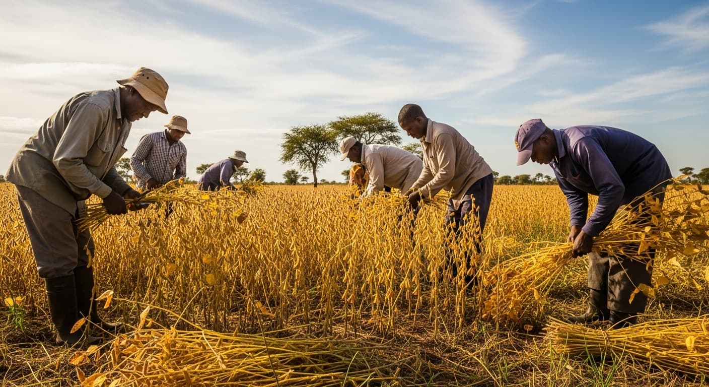 Nigerian farmers harvesting soybeans. (AI-generated image)