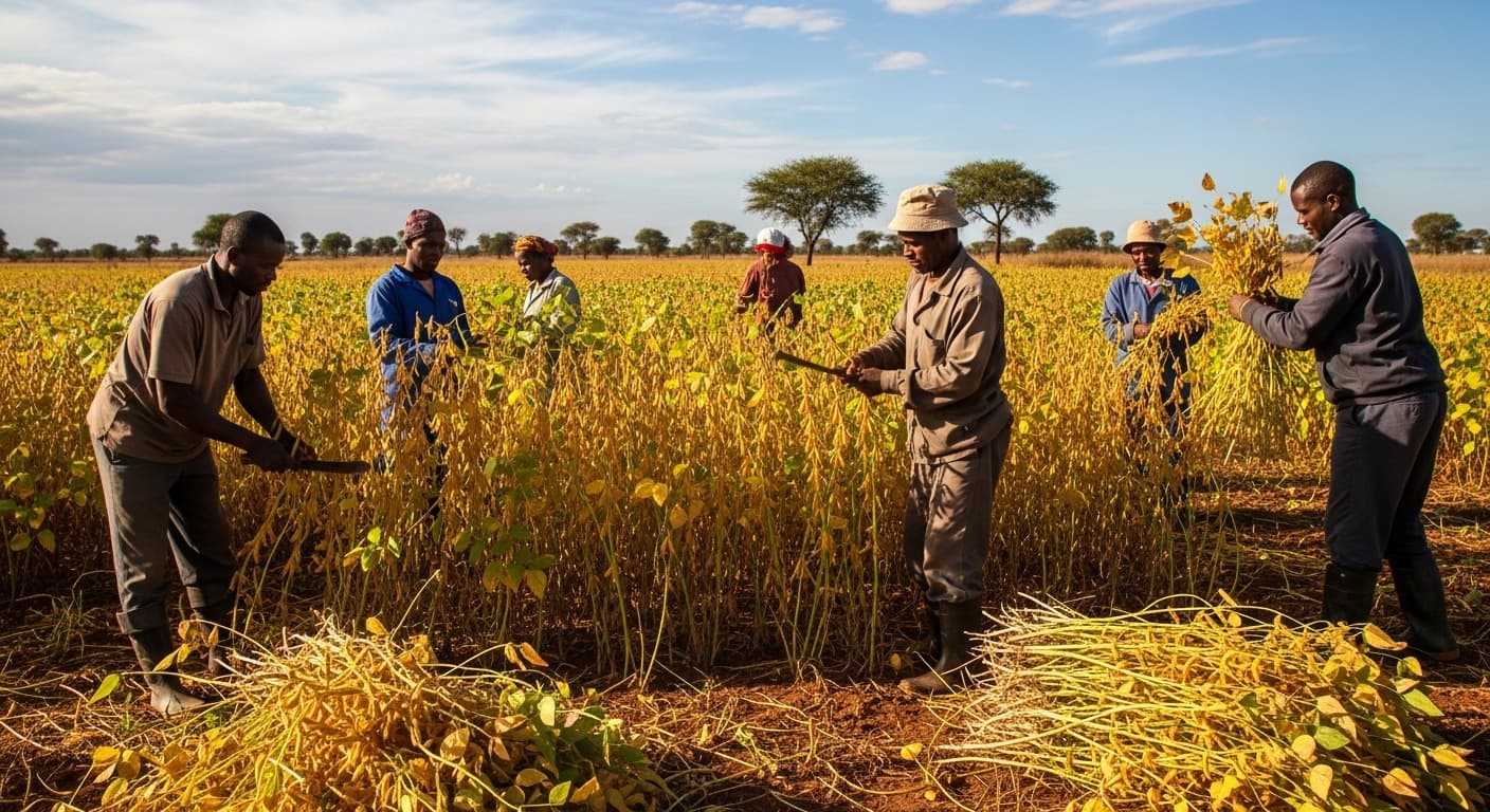 Agricultores nigerianos cosechando soja (imagen generada por IA)