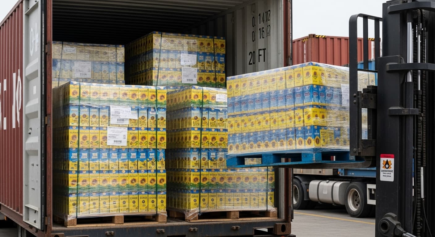 Les palettes de cartons d’huile de tournesol sont chargées dans un conteneur de 20 pieds (image générée par IA).