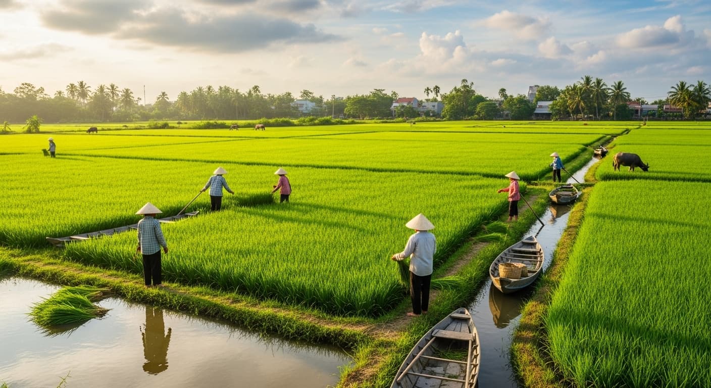 Un campo di riso nel delta del Mekong, Vietnam. (Immagine generata dall'IA.)