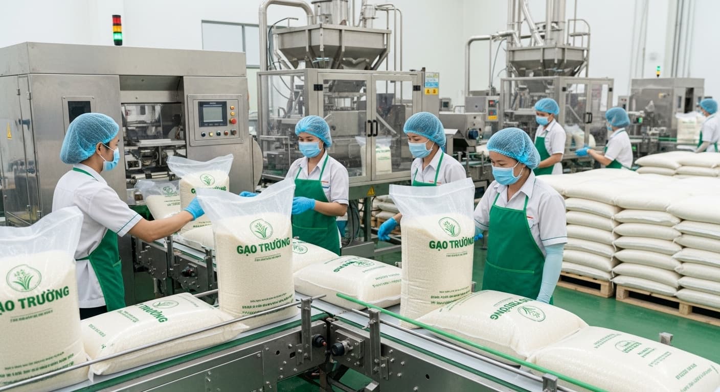 Uma linha de embalagem de arroz no Vietnã. (Imagem gerada por IA.)