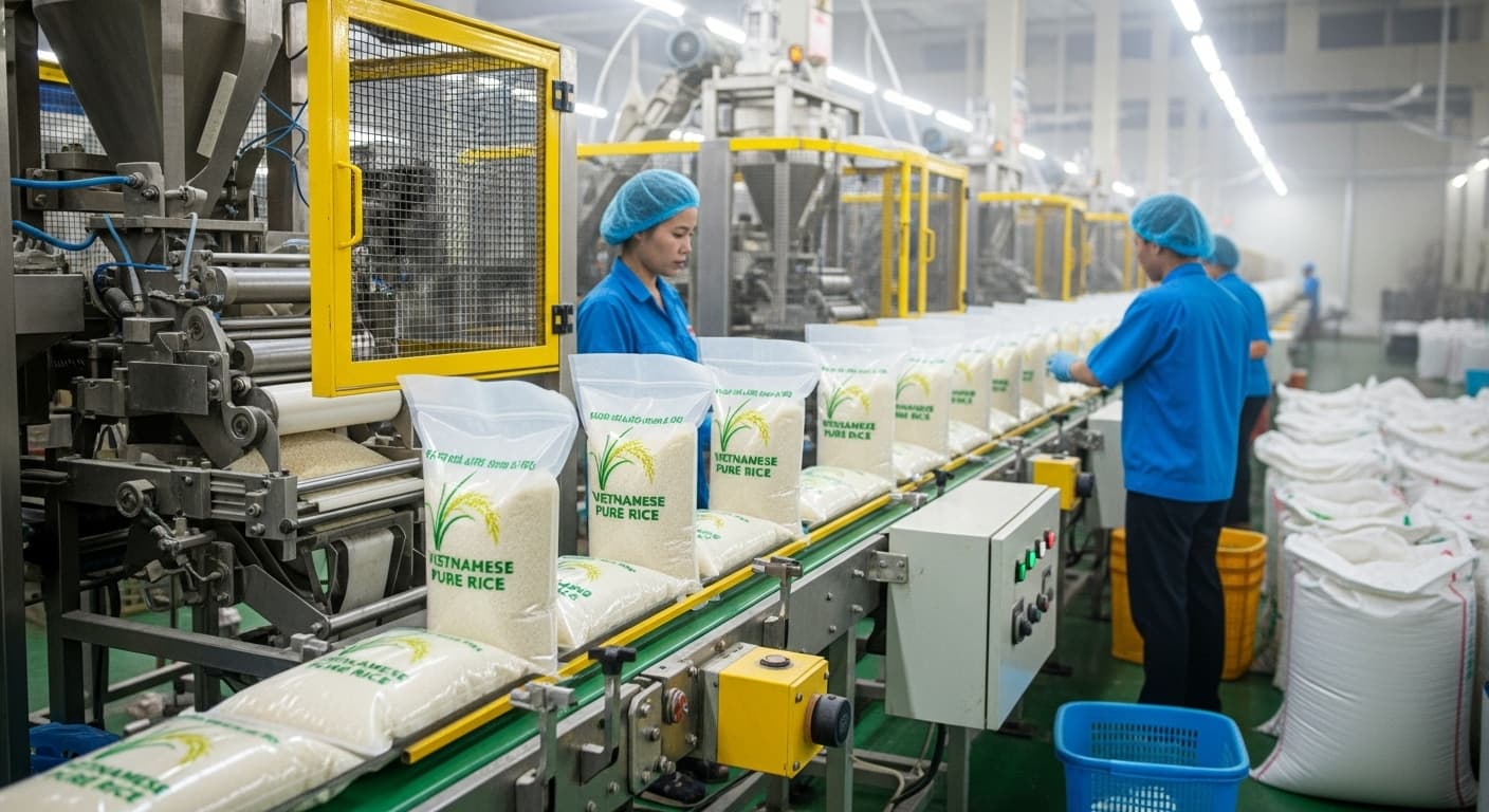 Una linea di confezionamento del riso in Vietnam. (Immagine generata dall'IA.)