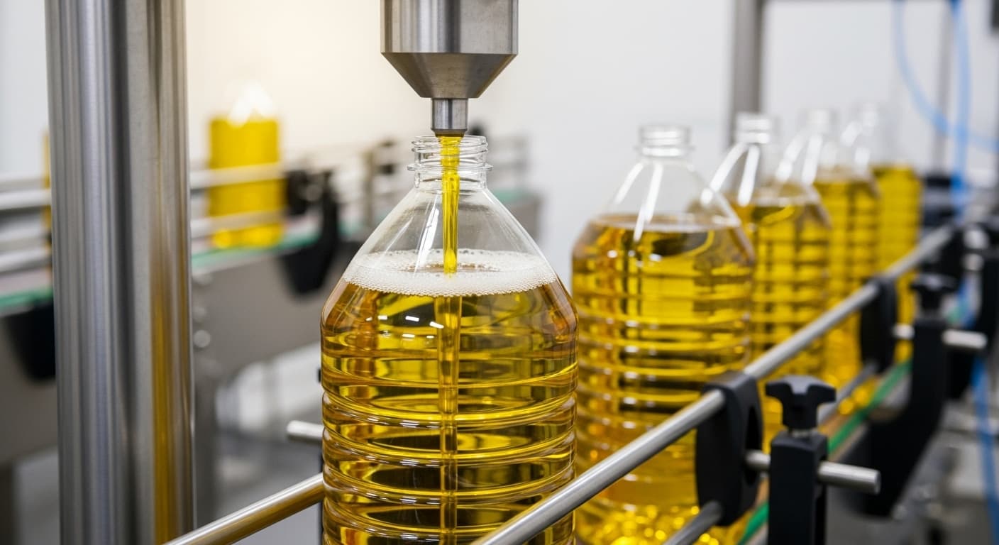 Huile de tournesol remplissant une bouteille de 5 L sur une ligne d’embouteillage (image générée par IA).