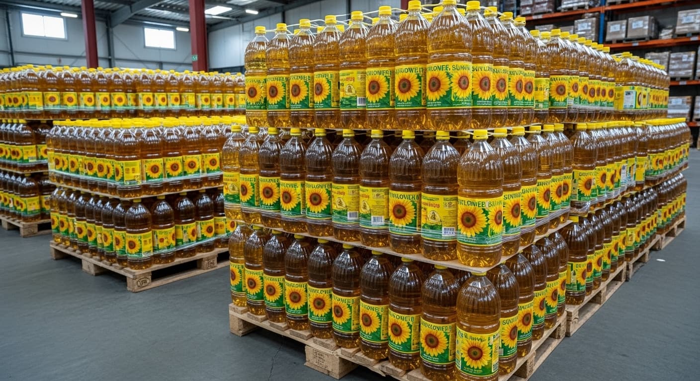 Aceite de girasol en botellas plásticas de 5 L empaquetadas en pallets (imagen generada por IA)