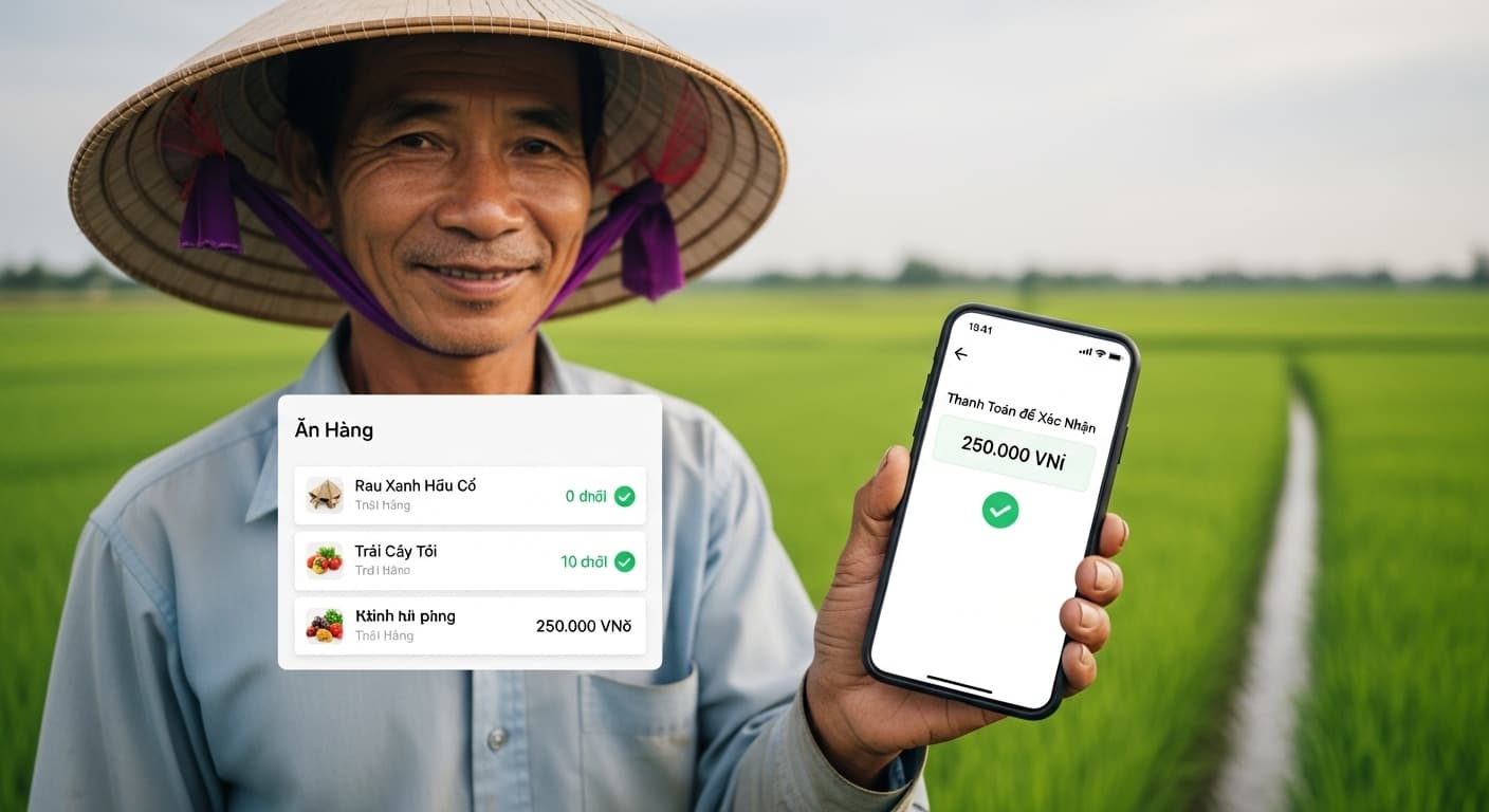 A Vietnamese farmer is holding a smartphone that displays a simple e-marketplace UI with orders and payment confirmations (AI-generated image).