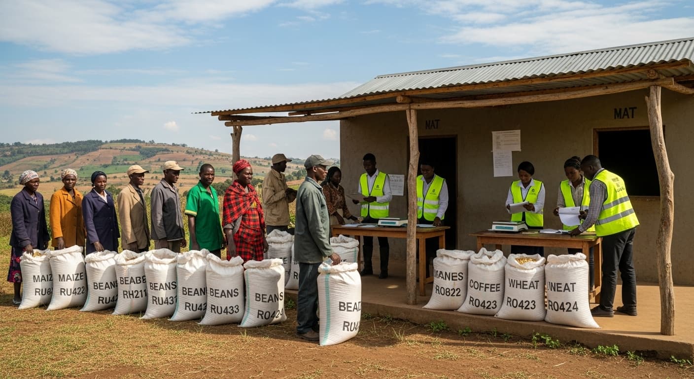 Les agriculteurs font la queue avec des sacs étiquetés à un point de collecte rural bien organisé au Kenya (image générée par IA).