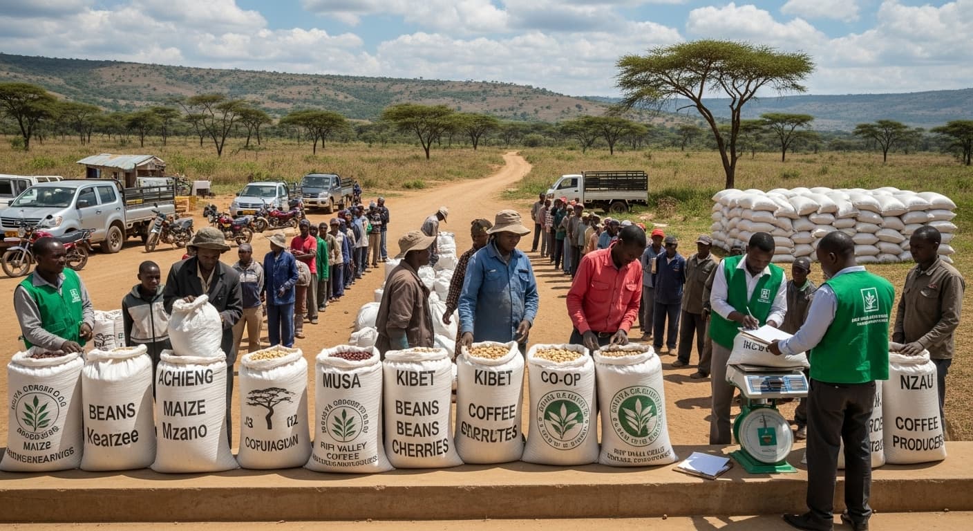 ケニアの整然とした農村集荷拠点で、ラベル付きの袋を持った農家たちが列を作っている様子（AI生成画像）。