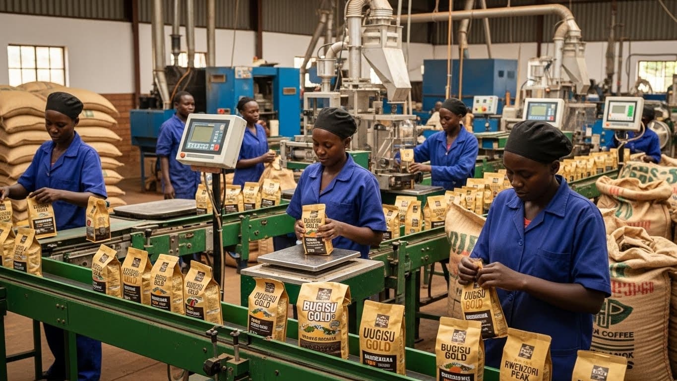 Línea de envasado de café tostado en Uganda (imagen generada por IA)