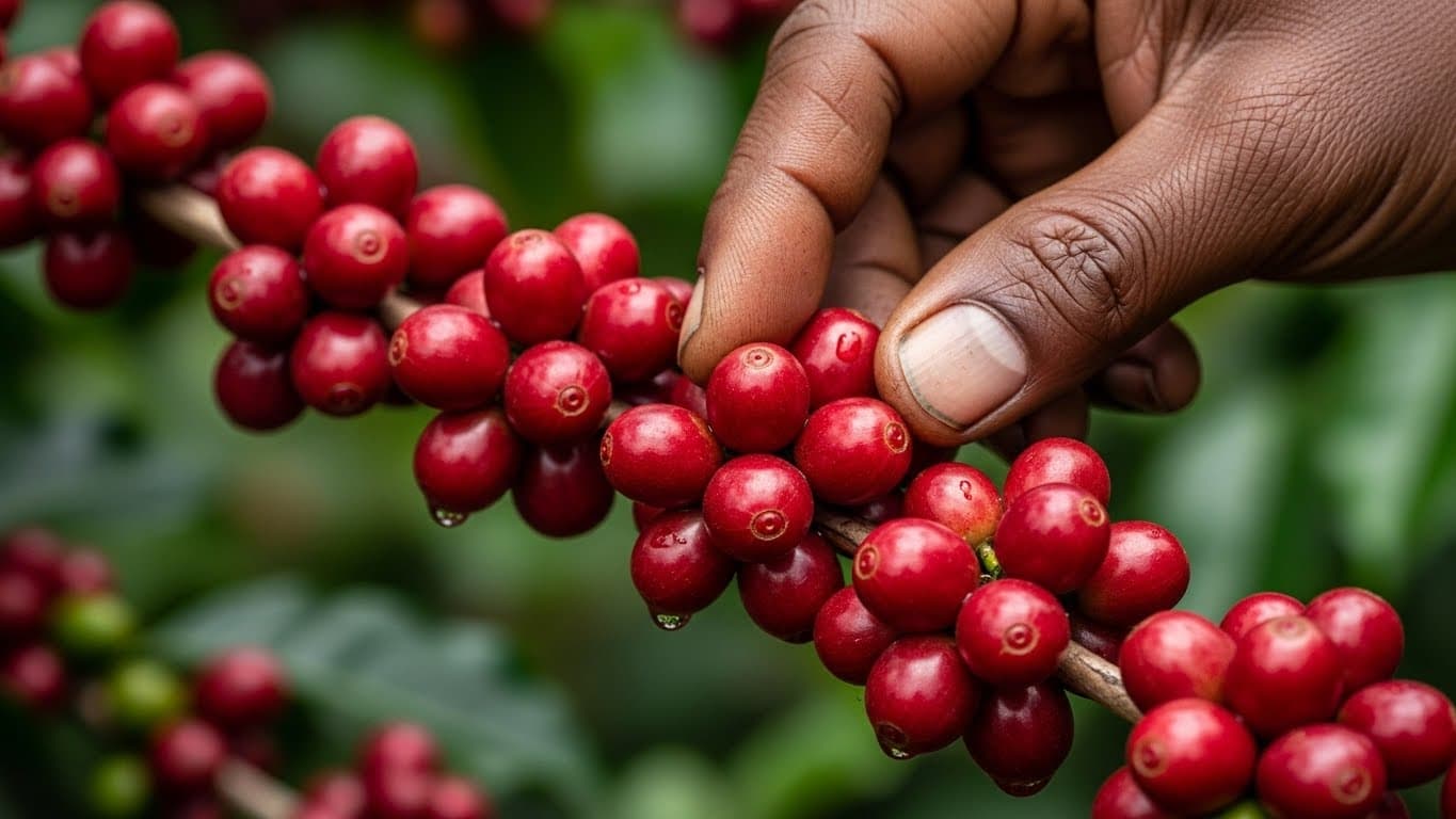 Primer plano de cerezas de café rojas en una rama en Uganda, con la mano de un agricultor inspeccionándolas. (Imagen generada por IA)