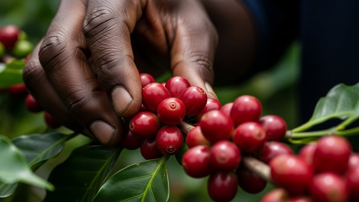 Primo piano di ciliegie del caffè rosse su un ramo in Uganda, con la mano di un agricoltore che le ispeziona. (Immagine generata dall’IA)