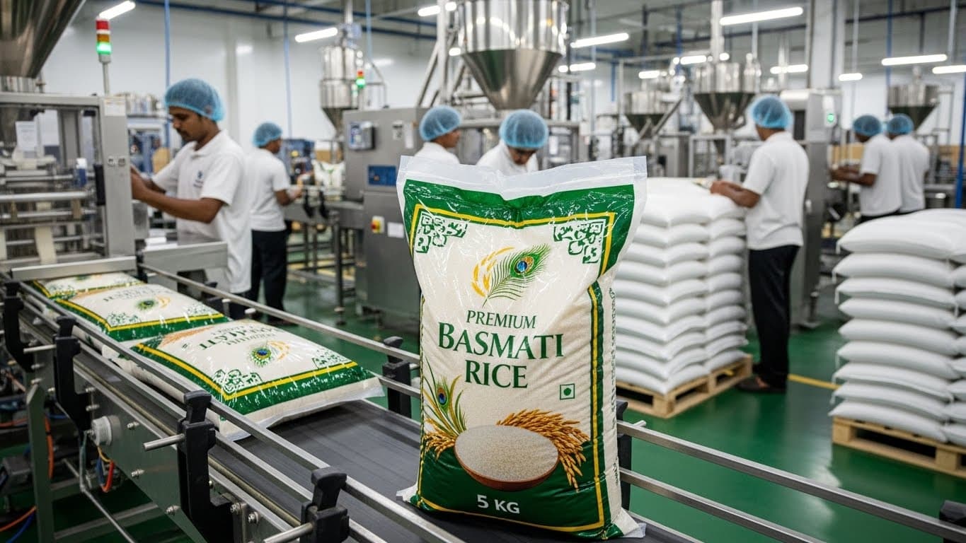 Le riz basmati est conditionné dans un sac de 5 kg dans une usine de transformation en Inde (image générée par IA).