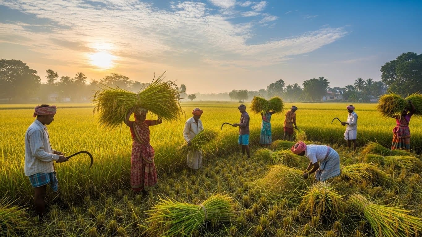 Agricultores indios están cosechando arroz basmati maduro en un arrozal (imagen generada por IA).