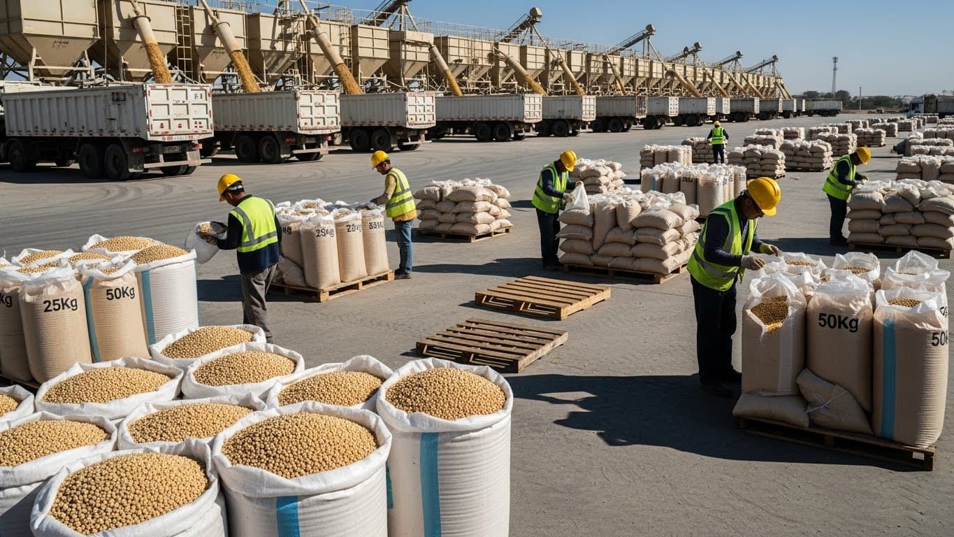 Un patio de agregación industrial con camiones de soja a granel y trabajadores inspeccionando sacos de yute/PP de 25 kg y 50 kg. (Imagen generada por IA)