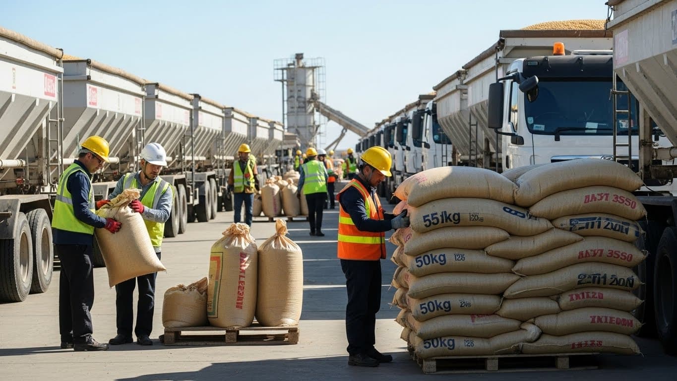Une aire d'agrégation industrielle avec des camions transportant du soja en vrac et des ouvriers inspectant des sacs en jute/PP de 25 kg et 50 kg. (Image générée par IA)