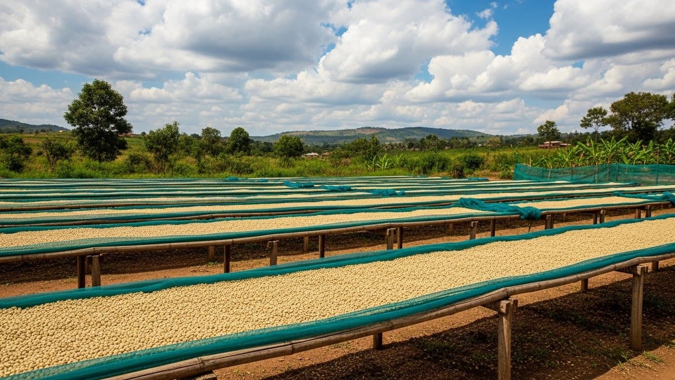 तंज़ानिया में ऊँचे बिस्तरों पर सूख रहे कॉफ़ी के दाने। (AI-जनित छवि)