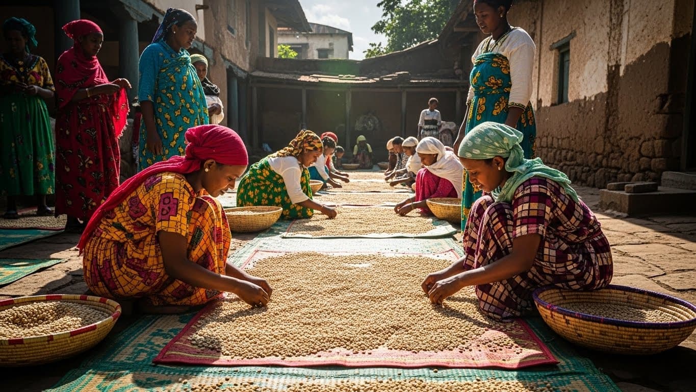 Women hand-sorting coffee beans in Ethiopia (AI-generated image).