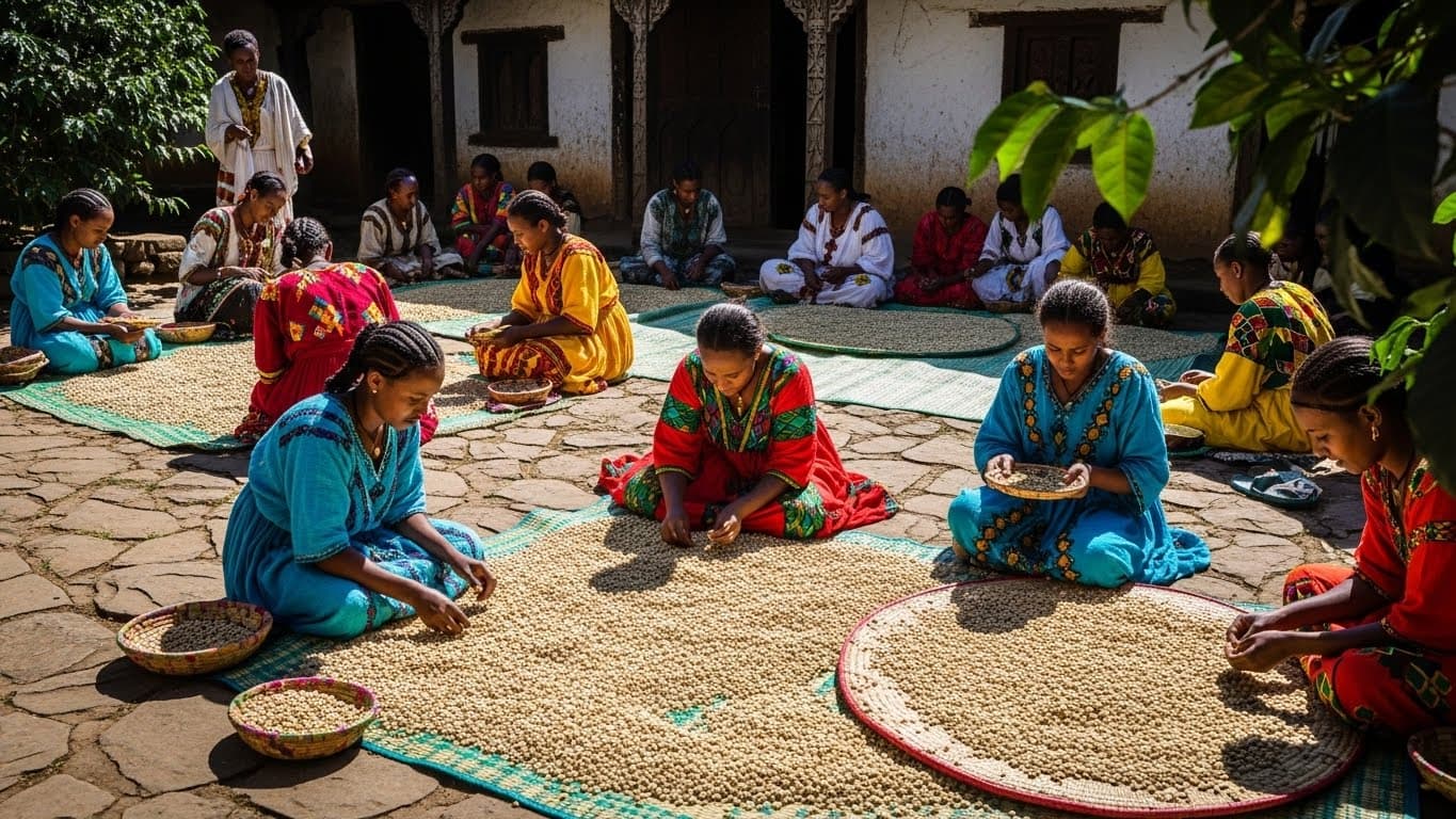 Femmes triant à la main des grains de café en Éthiopie (image générée par IA).