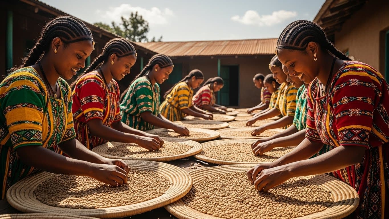 Mujeres clasificando a mano granos de café en Etiopía (imagen generada por IA).